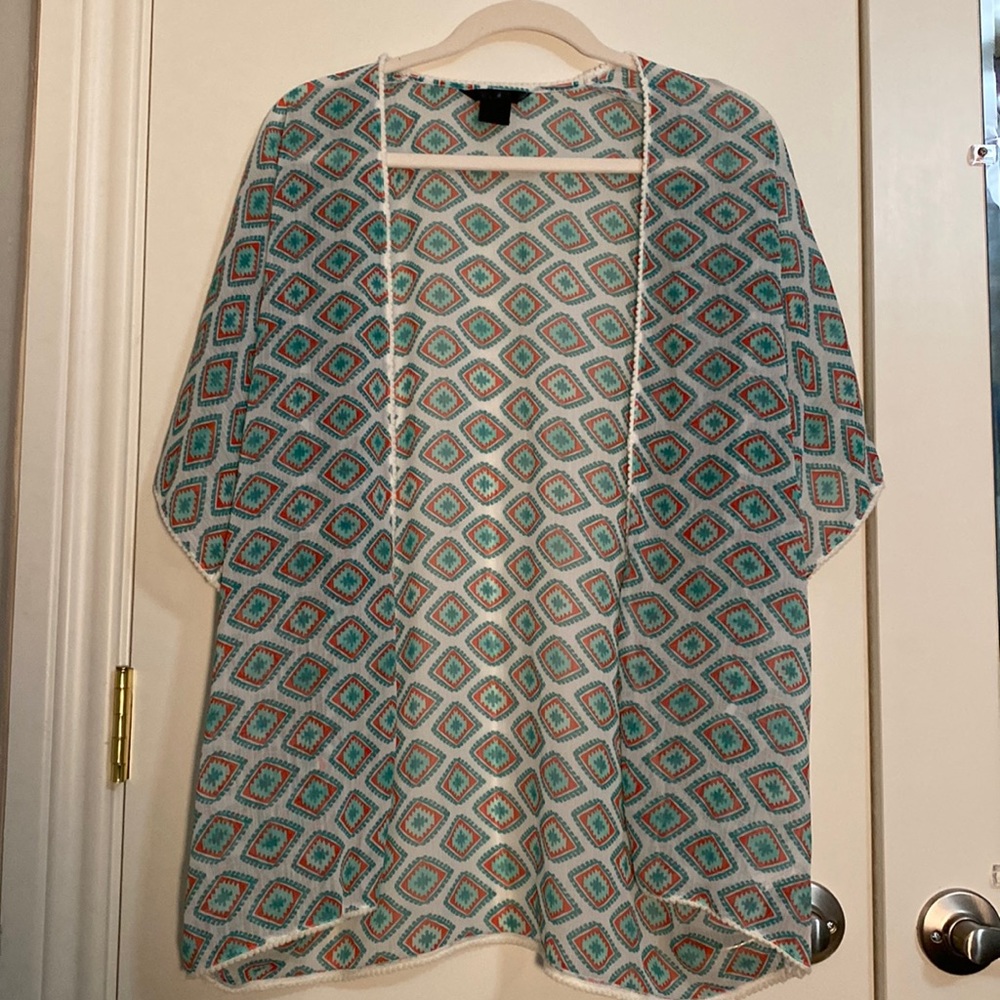 Turquoise and Red Printed Kimono | Size S/M